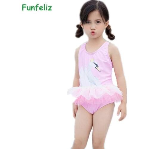 Funfeliz Swan Swimsuit for Girls 1-7Y Baby Girl Swimwear One Piece Skirted Cute Pink Kids Bathing Suit Children Swimming Suit