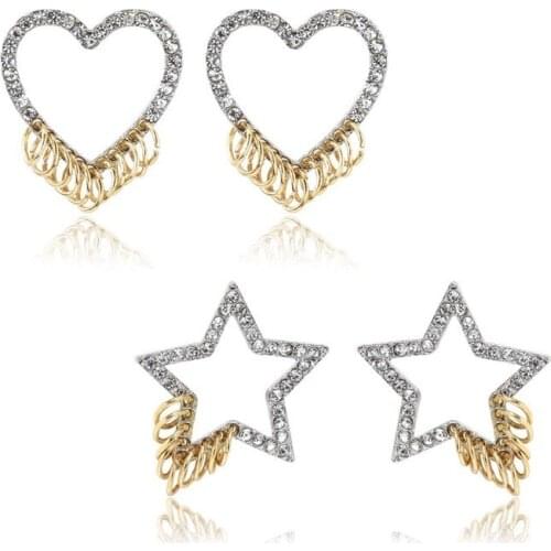 Hot-selling Earrings Alloy Rhinestone Two-tone Earrings Heart-shaped Five-pointed Star Classic Earrings Factory Direct Stock