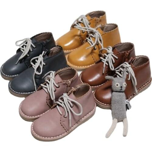 In Stock 2021 Handmade Leather Shoes Thick Line Boys and Girls Full Leather Side Zipper Solid Color Retro Short Single Boots