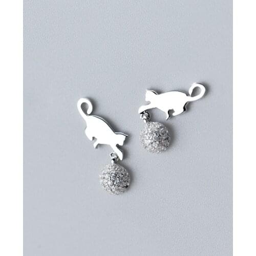 MloveAcc 100% 925 Sterling Silver Naughty Cat Play Ball Clear CZ Earrings for Women Engagement Jewelry
