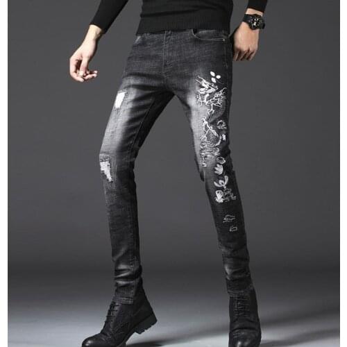 Dragon Mens Fashion Embroidered Jeans Male Distressed Hole Slim Denim Pants Elastic black Long Trousers 906