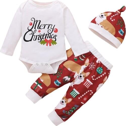 3pcs Casual New Baby Boy Girl Newborn First Christmas Printed Clothes Romper Trousers Hat Outfit Baby Christmas Set