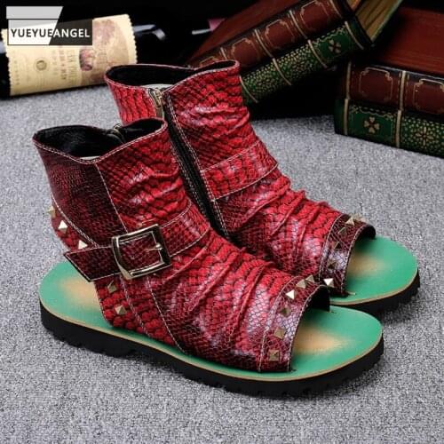 Vintage Mens Cow Leather High Top Gladiator Sandals Zipper Rivets Open Toe Beach Sandals Breathable Summer Casual Flats Shoes