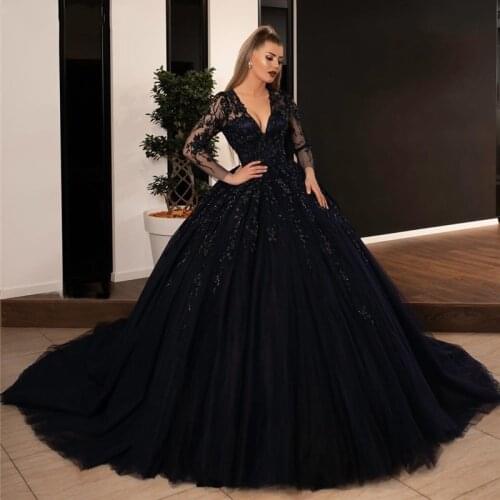 Sexy V-Neck Black Long Sleeves Ball Gowns Wedding Dresses 2021 Backless Robe De Mariee Lace Vintage For Bridal Women Wear