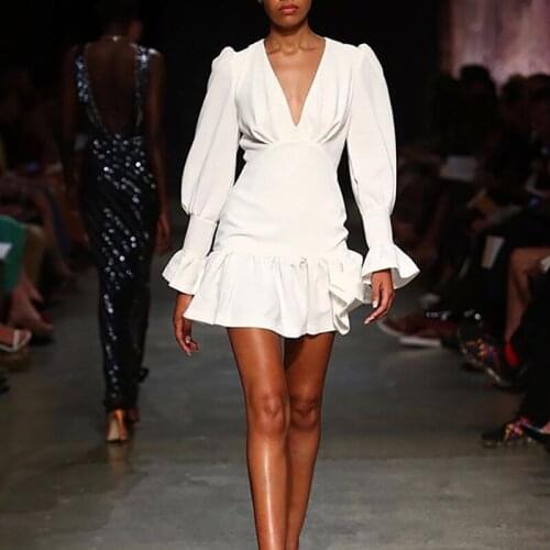 High Quality 2019 Fashion Trend Deep V-neck Sexy Long Sleeve Mini Dress Ruffles Women White Dress