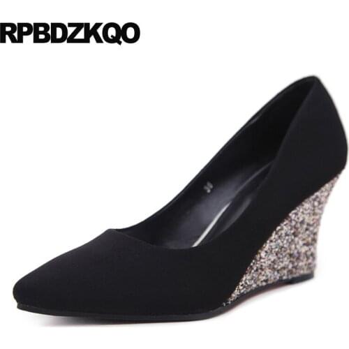 Wedge Medium Heels Suede Size 33 4 34 Yellow Pumps 8cm Cheap Ladies Pointed Toe Slip On Black 2021 Wine Red Glitter High Shoes