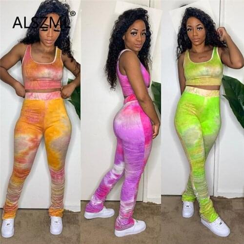 Young party women fashion Tie-dye u neck sleeveless crop top and tight leggings 2 pieces set high street lady fashion tracksuits