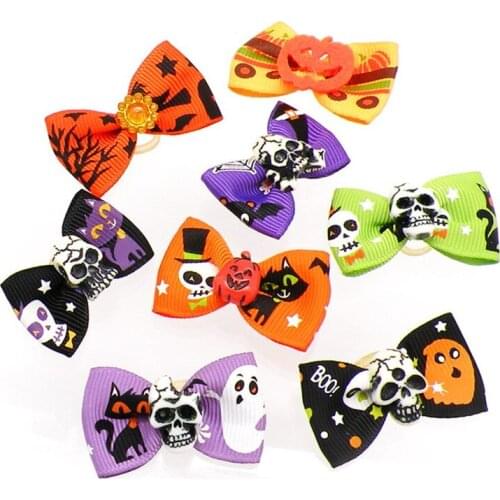 100PC/Lot Halloween Dog Accessories Skulls Dog Hair Bows Dog Grooming Bows Rubber Bands Pet Supplies
