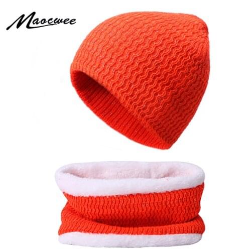 2PCS Winter Hat Scarf Set For Women Men Knitting Skullies Beanies Hat Ring Scarf Knit Plus Velve Cap Winter Outdoor Accessories