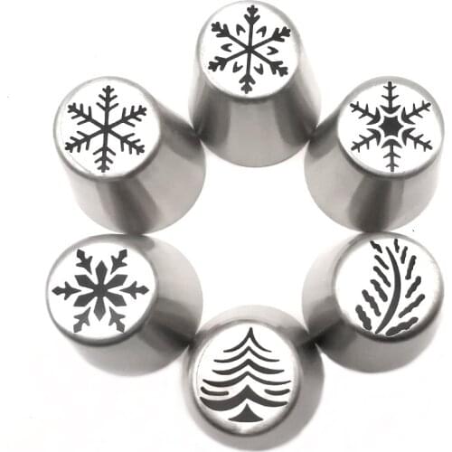 6pcs Icing Piping Tips Christmas Tree Snowflake Russian Leaf Nozzle Bakeware Cupcake Cake Decorating Pastry Baking Tools K082