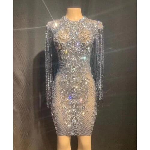 Sparkly Silver Rhinestones Black Fringes See Through Short Dress Women Birthday Celebrate Party Dress Prom Outfit Bar Dance Wear