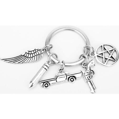 Supernatural Charm Keychain Movie Trinket Pentagram Angel Wings Car Model Key Chains Pendant Women Men Gift