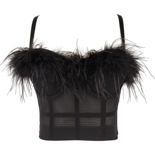 Ostrich Feather Mesh Bra Women Sexy Off-Shoulder Spaghetti Straps Outer Wear Slim Corset Dance Tube Top Femme White Black