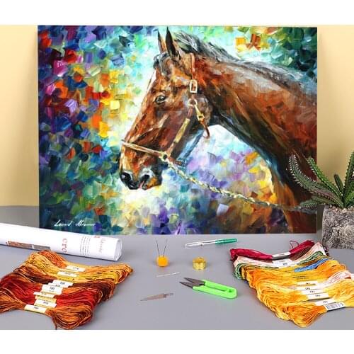 Oil Painting Style Horse Pre-Printed 11CT Cross-Stitch Patterns DIY Embroidery DMC Threads Needlework Craft Package