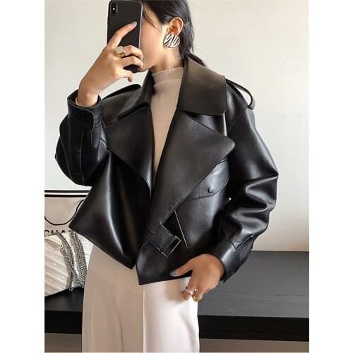 Pu Black Jacket Autumn Street Leather Coat Women Faux Leather Jacket Soft Loose Vintage Biker Coat Short Pockets Motor