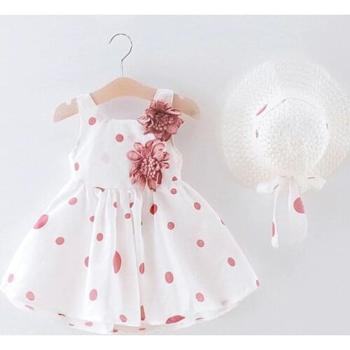 Korean summer dress girl baby sleeveless polka dot flower vest dress princess dress + straw hat suit Small fresh new платье 50