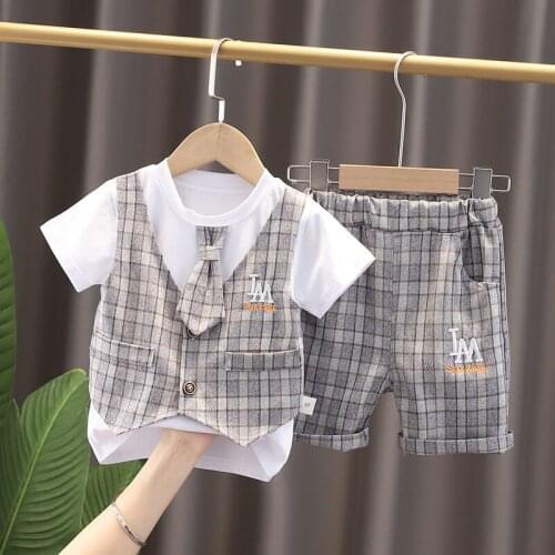 2021 New Baby Boys Short Sleeve Summer Suit Cool Kid Fashion Plaid Vest T-shirt And Shorts 2 Pieces Suits Birthday Gift For Boys