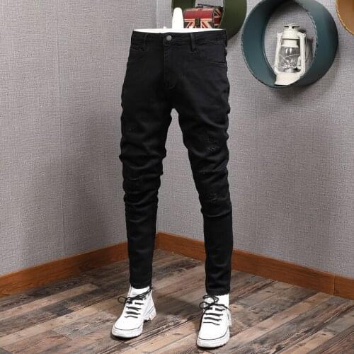 Korean Style Fashion Men Jeans Elastic Cotton Black Color Slim Fit Ripped Jeans Men Casual Simple Designer Denim Pencil Pants