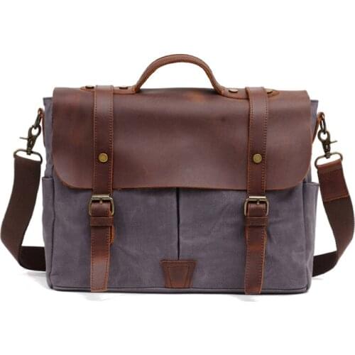 Mens Waterproof Canvas Bag Vintage Leather Briefcase Man Business Shoulder Messenger Bag Men Laptop Handbag Male Messenger Bags
