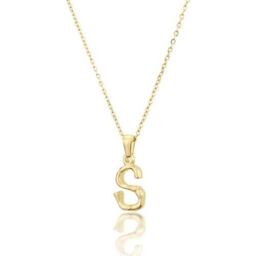 Stainless Steel Bamboo Letter Pendant Necklace for Women Men Golden A-Z 26 Initials Necklaces Collar Name Alphabet Jewelry