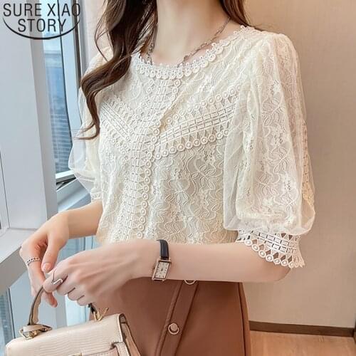 2021 New Summer Chiffon Lace Blouse Women Shirt Casual Tops Sweet Short Sleeve Blouses Fashion Clothes O-neck Blusas Mujer 15272