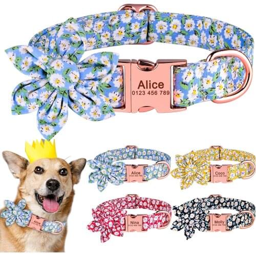 Personalized Nylon Flower Dog Collar Adjustable Nylon Plaid Flower Unisex Dog Collar Custom Free Engraved Small Large Dog Collar