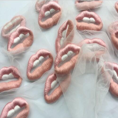3Pcs Pink Lip Embroidery Patches Net Mesh Fabric Lace Sewing On Jeans Clothes Clothing Applique Patch Accessories Patchwork Diy