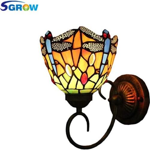 SGROW Stained Glass Wall Lamp Tiffany Wall Sconces Lighting Fixtures Dragonfly LED Retro Style Passage Mirror Front Lights