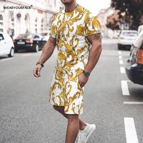 Golden Flowers 3D All Over Printed T Shirts Shorts Sets Tracksuits Casual Sports Beach Streetwear Vocation Men Clothes