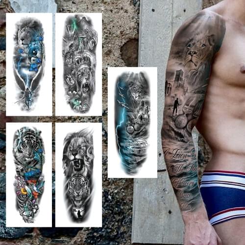 Tiger Airplane Letter Temporary Tattoos Sleeve For Men Women Realistic Fake Tiger Butterfly Samurai Tatoo Unique Full Arm Tattoo