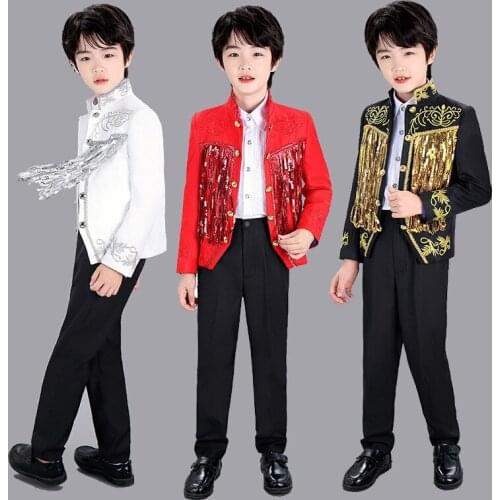 High-quality boys trendy sequined tassel embroidery childrens costume jacket for piano performance Cool Prince stage catwalk