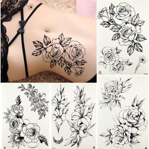 YURAN Waterproof Sketch Tattoos Temporary Women Sexy Body Waist Arm Fake Flower Tatoos Stickers Girl Daisy Rose Art Tattoo Paste