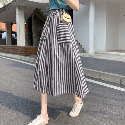 Zoki A Line Women Long Skirt Summer Stretch Fashion Striped Causal Pocket Black Midi Skirt Korean Loose Elegant Ladies Skirts
