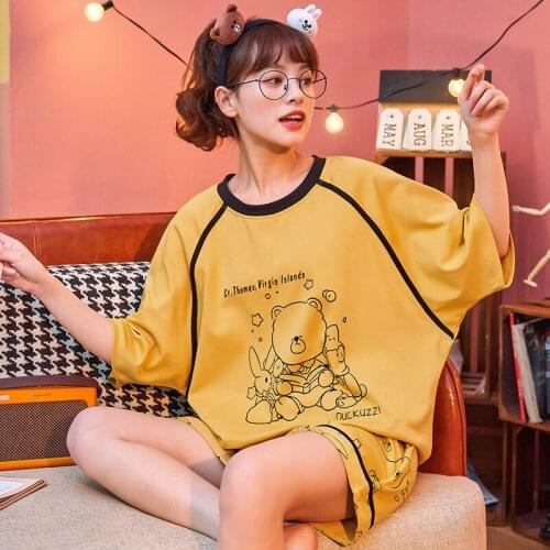 Womens Pure cotton Pajamas Sets Summer New Cartoons Pajamas High Quality Short sleeve shorts Home Wear Two-piece Casual Pajamas