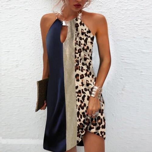 Summer New Elegant Office Ladies Leopard Patchwork Sleeveless Dress 2021 Fashion Sexy Metal Halter Backless Party Dress Womens