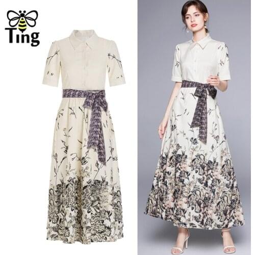 Tingfly Summer Vintage Flower Print Women Maxi Longo Dress with Sashes Casual Button Up Shirt Dress Plus Size Robes Clothing Za