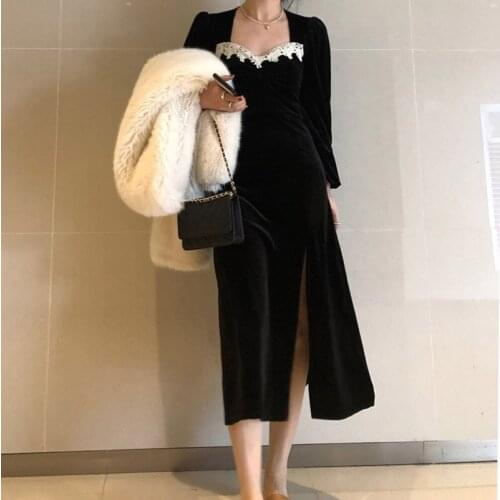 French style elegant velvet split dress women lace stitching peter pan collar slim lantern sleeve party dress