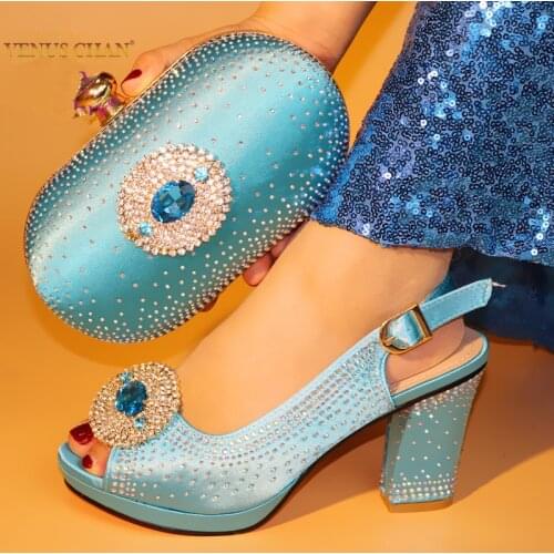 2020 Sky Blue Color Italian Ladies Shoes and Bag Set Decorated with Rhinestone Nigerian Shoes and Bag Set Women for Party