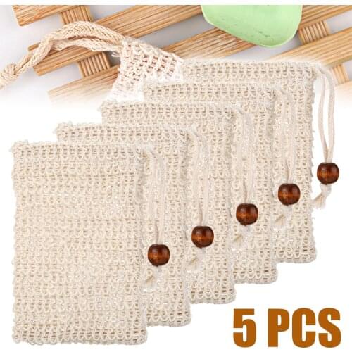 5Pack Natural Sisal Soap Bag Exfoliating Cleanser Soap Saver Pouch Holder Drawstring Mesh Holder Bathroom Tools