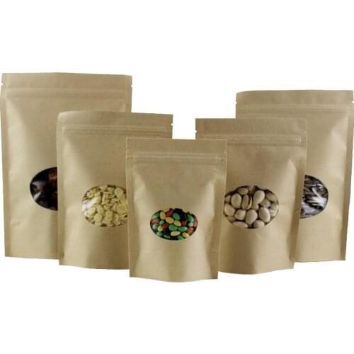 50Pcs/Lot Zip Lock Kraft Paper Stand Up Bag with Elliptical Window Doypack Candy Snack Tea Food Bean Storage Packaging Pouches