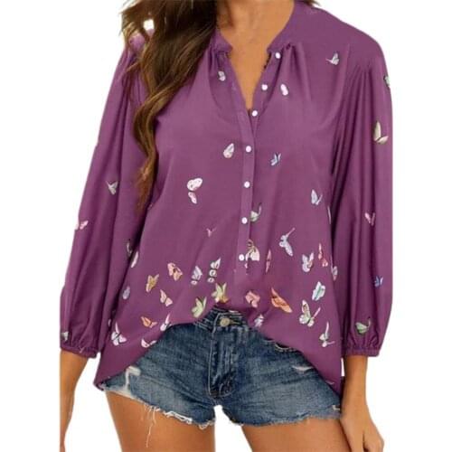 Women Blouses V Neck Casual Oversized Butterfly Print Loose blouse women elegant for Fall top women 2021 Fashion Shirts