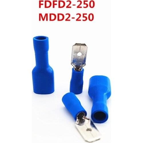 100pcs 50PAIRS Fdfd2-250 Mdd2-250 6.3mm Blue + Spade Insulated Electrical Crimping Terminal Connector Wiring Cable Plug