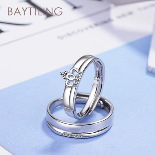 BAYTTLING 925 Sterling Silver Exquisite Glossy Crown Zircon Open Ring For Woman Man Fashion Wedding Couple Ring Jewelry