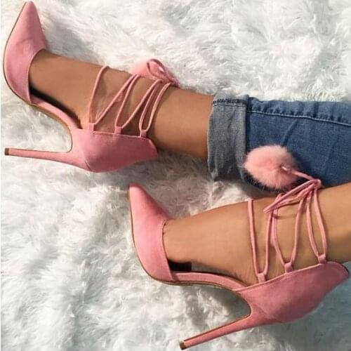 Hot Selling Brand Fashion Women Cute Pink Pom Pom Fur Ball Cross Lace Up Pointed Toe Stiletto Heel Party Pumps Shoes