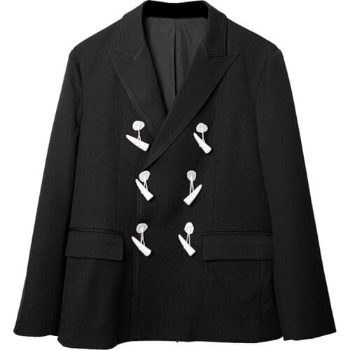 Mens new suit suit horn button design double breasted dark simple large size suit jacket