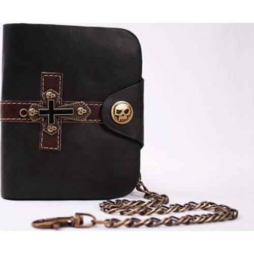 Men Wallet Punk Cross Skull Purses Vintage Leather Male Hasp Wallets with Chain Gothic Short Bank ID Card Holders Carteira Purse