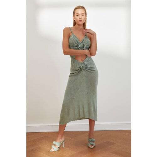 Mint Gathered Detailed Sleeveless Knitwear Dress 100% Acrylic Women Trend Fashion Holiday Summer Dress