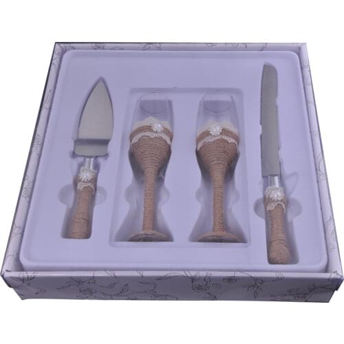 Wedding Cake Knife and Server Set Wine Glasses Pizza Pie Cutter Tool Rustic Handle Party Gift Birthdays Christmas Gift 4pcs