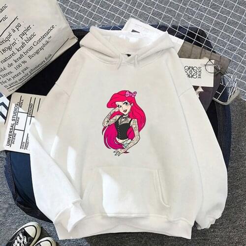 Disney New Autumn Vintage Bad Mermaid Princess Hoodies Women Kawaii Hooded Pullover Clothes Cartoons Women Femme Sweatshirt Top