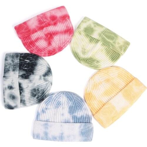 Tie-dyed Wool Knit Beanie Hat Skullcap Women Winter Warm Retro Brimless Baggy Melon Cap Cuff Docker Beanies Hats for Men Women